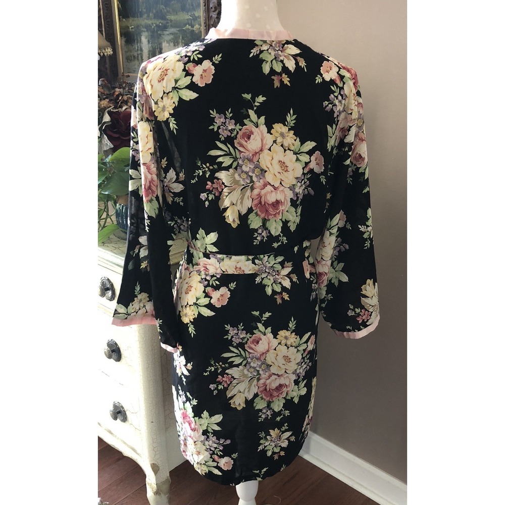 Vintage Oscar de la Renta Pink Label Black & Pink Floral Robe Size Small - Picture 6 of 13